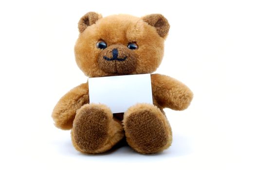 toy teddy bear with blank sheet isolated on white background