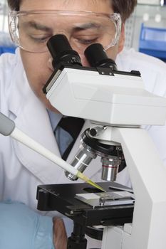 Scientist drops a substance onto a slide  and studies it under the microscope.  Focus to pipette and slide.