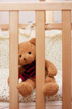 Fluffy teddy bear sitting on a cot and waiting.