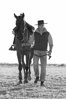 practicing with his horse rider dressage in nature
