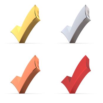 four solid tick mark smybols in 3d made of gold, silver, bronze and red colour