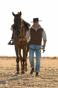 practicing with his horse rider dressage in nature
