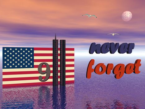 USA flag and World Trade Center twin tower buildings 3D illustration to never forget