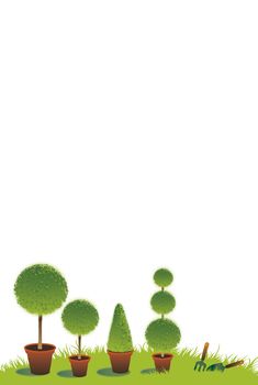 A garden themed freeze set at the base of a portrait format image with four potted topiary bushes set on a grass base with a garden fork and trowel.
