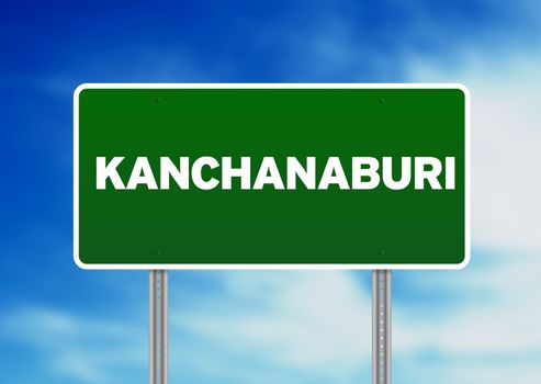 Green Kanchanaburi, Thailand road sign on Cloud Background. 
