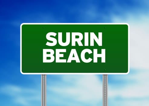 Green Surin Beach, Thailand road sign on Cloud Background. 