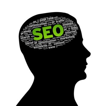 Silhouette head with an SEO word cloud on white background.