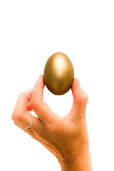 Female hand holding a golden egg. Here fortune