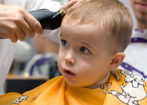 Haircutting one and half year old boy in the hairdressing saloon