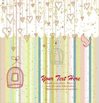 Cute Valentines Day card with a bird flying out of a cage. Can also be used as a celebration card for other occasions, for example as a welcoming card for the new baby. The vectorfile is easy to edit with objects grouped logically.