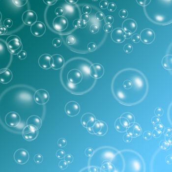 We see many bubbles different size on blue background