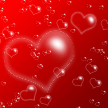 We see many bubbles of heart different size on red background