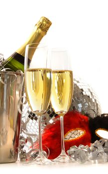   Masquerade Mask and champagne glasses on white background
