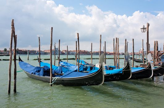 Parked gondolas in Venice, Italy, Europe