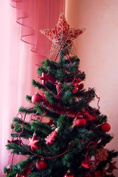 Christmas tree in room over pink curtains