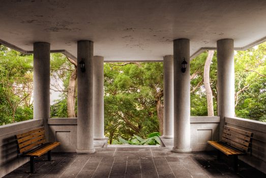 Pavilion structure interior scenery in the park.