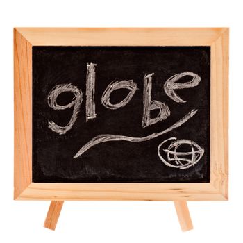 Globe words and image write by hand on blackboard.