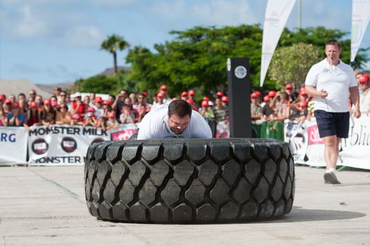 CANARY ISLANDS - SEPTEMBER 03: Jimmy Laureys (l) from Beligium lifting and rolling a wheel (weights 400kg) 8 times during Strongman Champions League in Las Palmas September 03, 2011 in Canary Islands, Spain