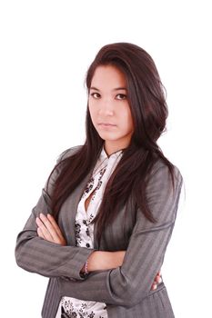 confident business executive woman of Asian, half length closeup portrait on white background