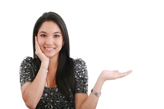 woman with her hand open to show a product, isolated on white