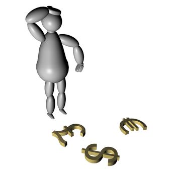 3D puppet looking at currency symbols on the ground