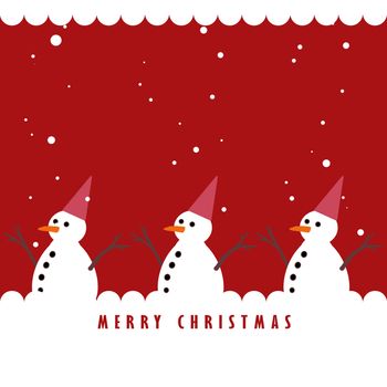 Snowman and the snowing on red background, Christmas greeting card background