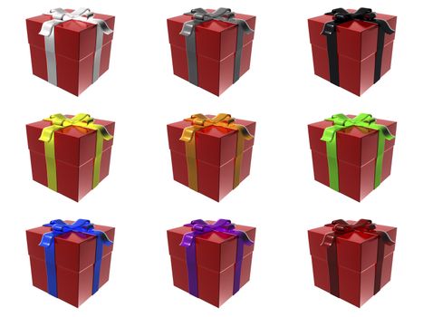 9 red gift boxes with different ribbon colors