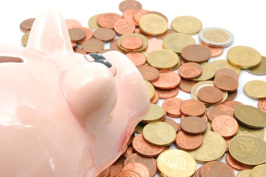 piggy bank and money coins for saving cash