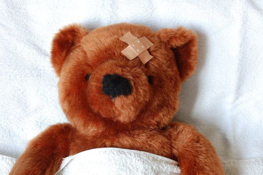 sick teddy bear with injury in a bed in the hospital