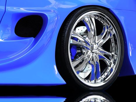 Detail of wheel section on a Japanese import modified car