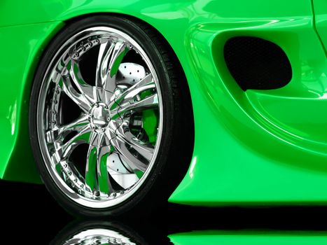 Detail of wheel section on a Japanese import modified car