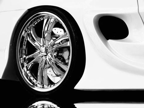 Detail of wheel section on a Japanese import modified car
