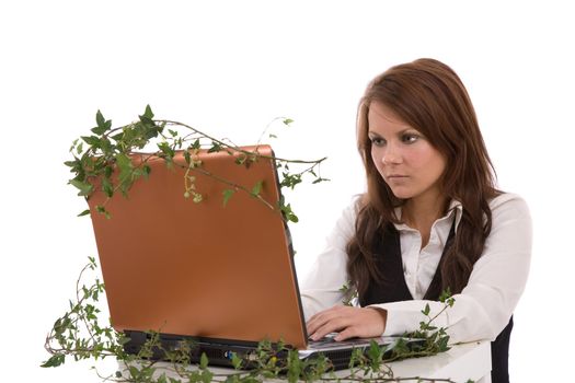 Pretty brunette working on a laptop covered with green ivy symbolizing green energy