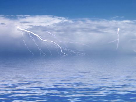 Storm cell in distance over ocean, with lightning bolts over horizon