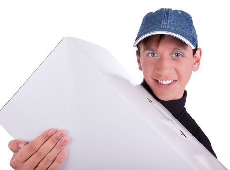 portrait of a young man with box  on white background