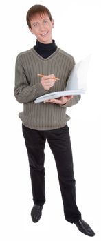 young student with folders  on white background