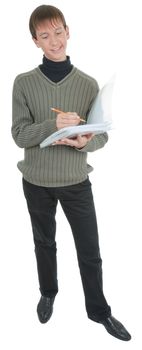 young student with folders  on white background