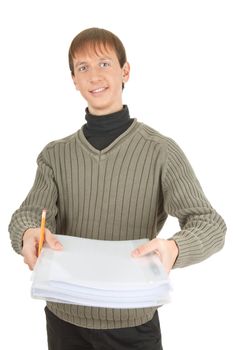 young student with folders  on white background