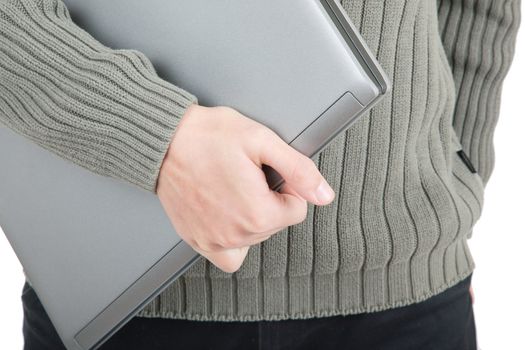 young man  handing  laptop on white background