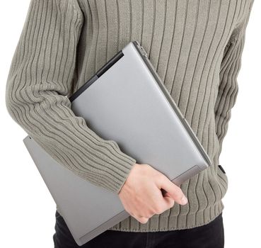 young man  handing  laptop on white background