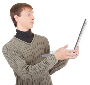 young man  handing  laptop on white background