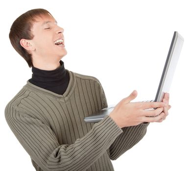 young man  handing  laptop on white background