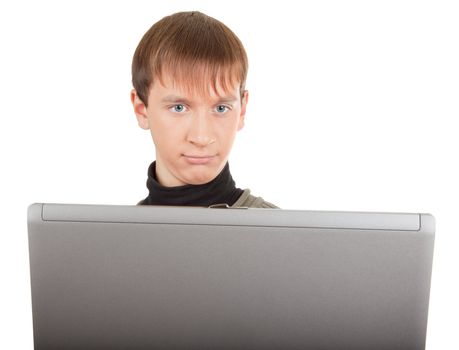 young man  handing  laptop on white background