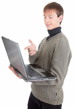 young man  handing  laptop on white background