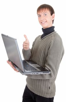 young man  handing  laptop on white background