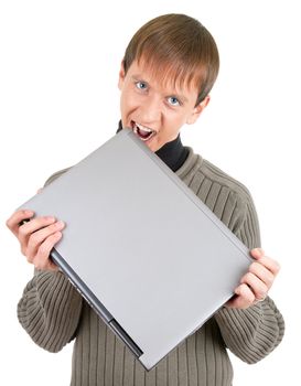 young man  handing  laptop on white background