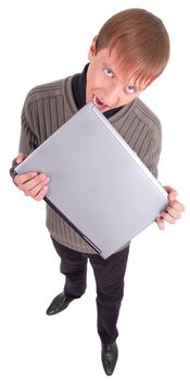 young man  handing  laptop on white background