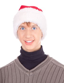 young man in a Santa Claus hat handing gift bags