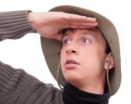 portrait of a young tourist  on white background