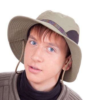 portrait of a young tourist  on white background
